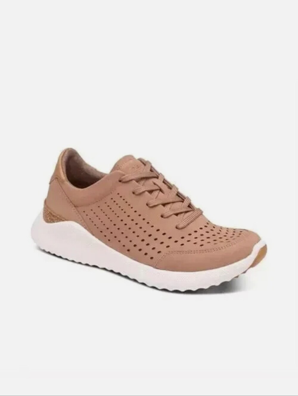 Aetrex Laura Soft Perforated Leather Arch Suppot Sneaker in Tan, Size 36